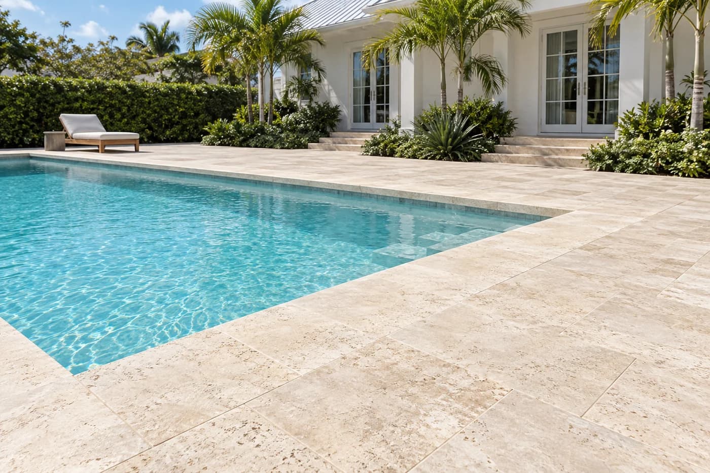 AI-generated inspiration: pale travertine beside a South Florida pool