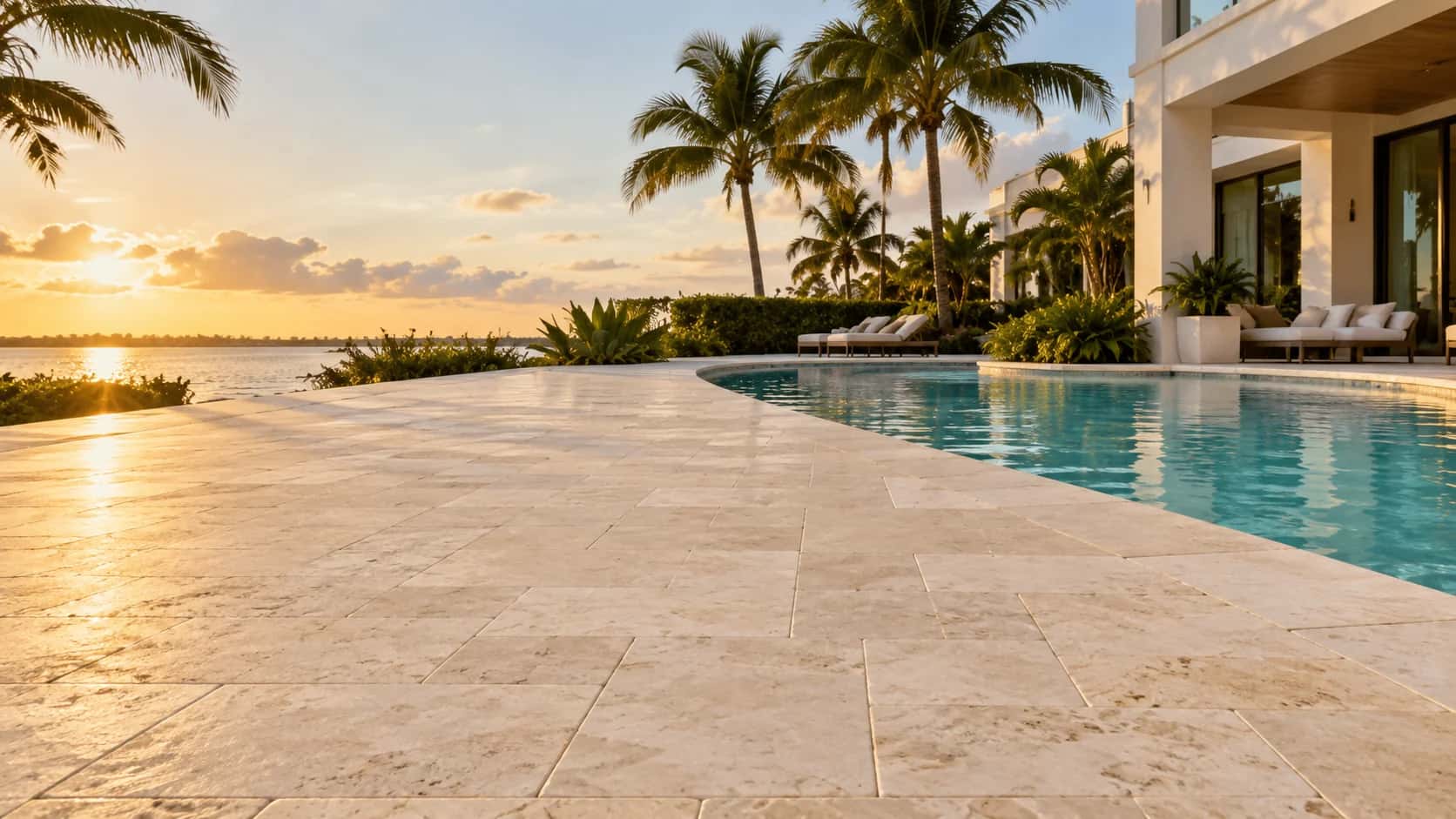AI-generated design inspiration: limestone pool terrace, palms, and a coastal home at sunset
